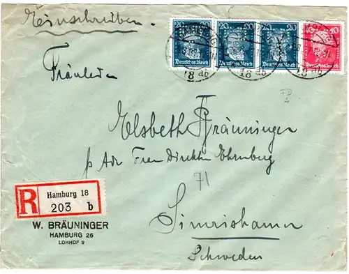 DR 1927, 10+3x20 Pf. m. perfin auf Einschreiben Brief v. Hamburg n. Schweden