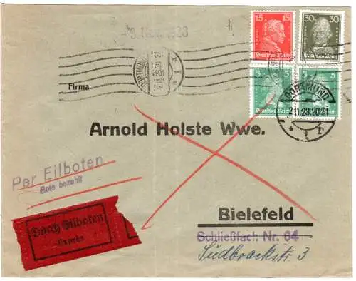 DR 1928, 2x5+15+30 Pf m. perfin auf Eilboten Rückbrief v. Dortmund n. Bielefeld