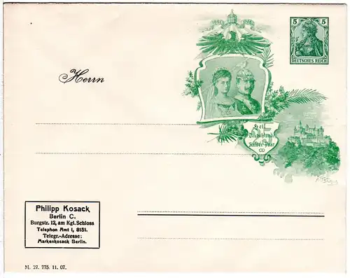 DR, ungebr. 5 Pf. Privatganzsache Umschlag Kaiserpaar. Philipp Kosack, Berlin.