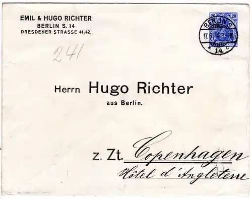 DR 1914, 20 Pf. Privatganzsachenumschlag E&H Richter v. Berlin n. Dänemark