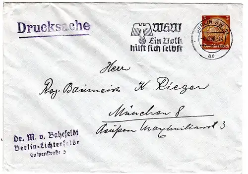 DR, gebr. 3 Pf. Hindenburg Privatganzsache Umschlag als Drucksache v. Berlin