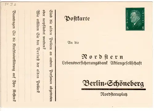 DR, ungebr. 8 Pf. Privatganzsachenkarte Nordstern Lebensversicherungsbank Berlin