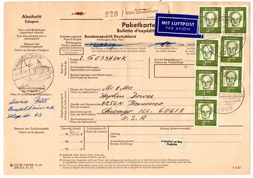 BRD 1966, reine MEF 7x2 M. auf Luftpost Paketkarte v. Gundelsheim n. USA. 