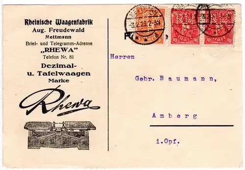 DR 1923, 5+2x10 Mk. m. perfin auf illustrierter Firmenkarte v. Mettmann