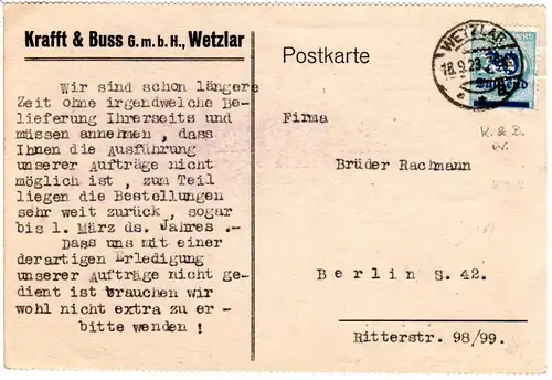DR 1923, 30 T./200 Mk. m. perfin auf Firmenkarte v. Wetzlar