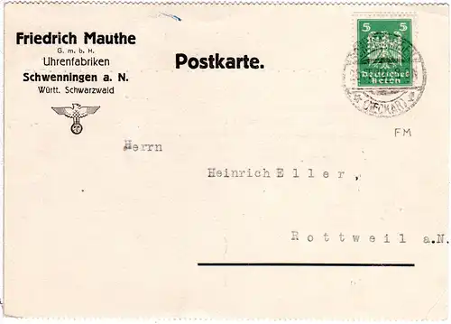 DR 1926, 5 Pf. m. perfin auf Firmenkarte v. Schwenningen a.N. n. Rottweil.
