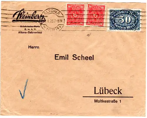 DR 1923, 50+2x10 Mk. m. perfin auf Firmenbrief v. Altona