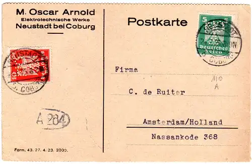 DR 1925, 5+10 Pf. m. perfin auf Firmenkarte v. Neustadt bei Coburg