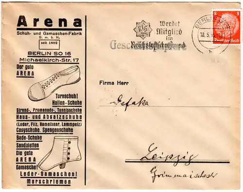 DR 1935, 8 Pf. m. perfin auf Firmenbrief v. Berlin