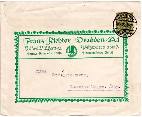 DR 1921, 60 Pf. Germania m. perfin auf Firmenbrief v. Dresden