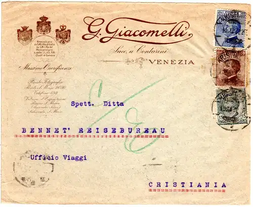 Italien 1922, 15+25+40 C. auf Brief v. Venezia m. Norwegen Entwertung Kristiania
