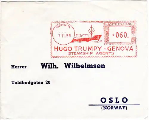 Italien 1959, Werbefreistempel H. Trumpy klar auf Brief v. Genova n. Norwegen