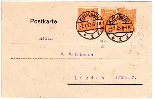 DR 1923, 3x5 Mk. m. perfin auf Firmenkarte v. Mönchengladbach