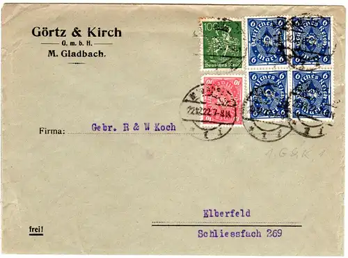 DR 1922, 6 Infla Marken m. perfin auf Firmenbrief v. Mönchengladbach