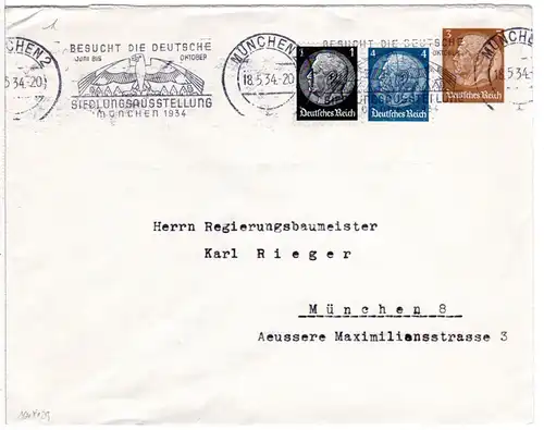 DR, gebr. 3 Pf Privatganzsache Umschlag m. 1+4 Pf. Zusatzfrankatur v. München