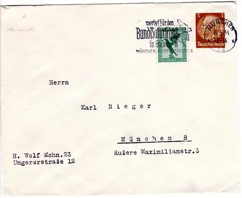 DR, 3 Pf. Hindenburg Privatganzsache Umschlag m. Zusatzfr. als Ortsbrief München