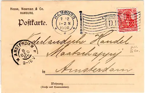 DR 1906, 10 Pf. Germania m. perfin auf Firmenkarte m. Flaggenstempel Hamburg DR