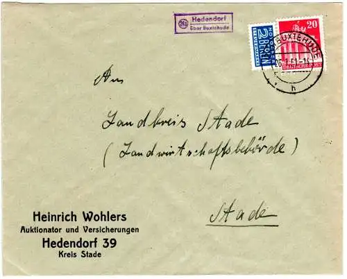 BRD 1951, Landpost Stpl. 24a HEDENDORF über Buxtehude auf Brief m. 20 Pf.