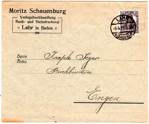 DR 1919, 15 Pf. Germania m. perfin auf Firmen Brief v. Lahr.