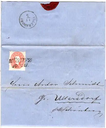 Österreich 1863, Mähren-L2 Müglitz auf Brief m. 5 Kr. v. Loschitz n. Ullersdorf