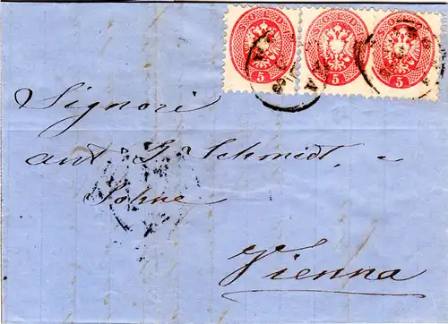 Lombardei Venetien Italien 1865, 3x5 So. auf Brief v. Verona n. Österreich