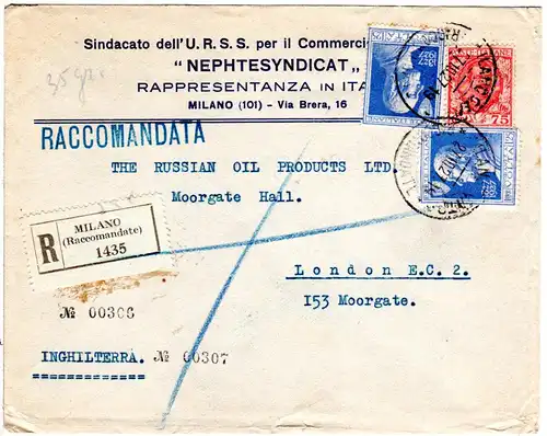 Italien 1927, 75 C.+2x1,25 L. Volta auf Einschreiben Brief v. Milano n. GB