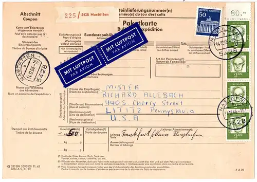 BRD 1966, 4x2 M.+50 Pf. auf Luftpost Paketkarte v. Nastätten n. USA