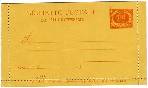 San Marino K 1 II, ungebr. 20 C. Kartenbrief Ganzsache m. Zähnung 13 3/4