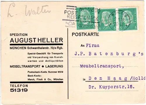DR 1932, MeF 3x5 Pf. m. perfin auf Firmenkarte v. München.