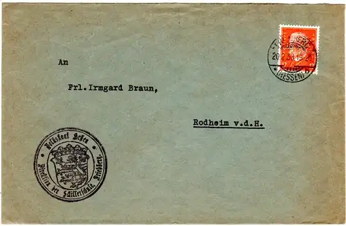 DR 1933, 12 Pf. m. perfin auf Schillerschule Brief v. Friedberg Hessen