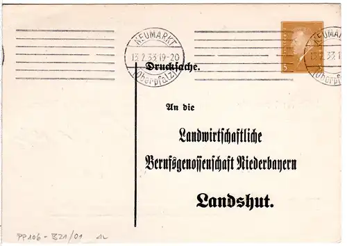 DR, gebr. 3 Pf. Privatganzsachenkarte Landwirt. Berufsgenossenschaft Landshut.