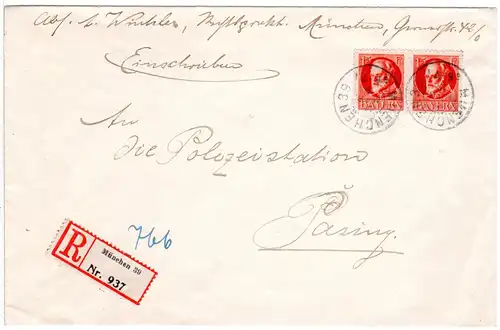 Bayern 1919, 2x15 Pf. Ludwig auf Orts-Einschreiben Brief v. München 39 n. Pasing