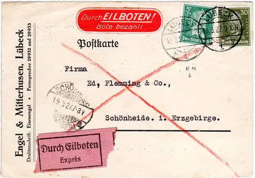 DR 1927, 5+30 Pf. m. perfin auf Eilboten Firmenkarte v. Lübeck