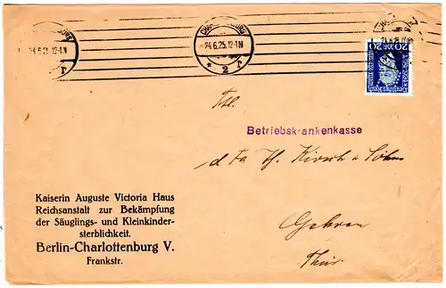 DR 1925, 20 Pf. m. perfin auf Kaiserin Auguste Victoria Haus Brief v. Berlin