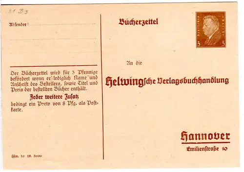 DR, ungebr. 3 Pf. Bücherzettel Privatganzsachenkarte Helwingsche Verlagsbuchhdlg