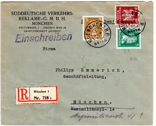 DR 1937, 3+5+30 Pf. je m. perfin auf Orts-Einschreiben Firmenbrief v. München