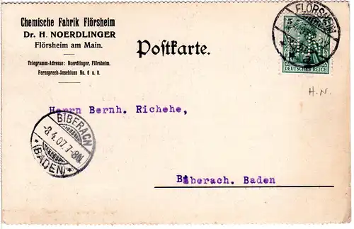 DR 1907, 5 Pf. Germania m. perfin auf Firmenkarte v. Flörsheim am Main.