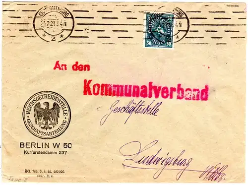 DR 1923, 50 Mk. m. perfin auf Firmenbrief d. Reichsgetreidedienststelle Berlin