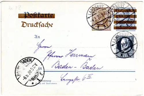 Bayern 1920, DR Drucksache Karte verwendet v. Landshut m. 20 Pf. Ludwig 