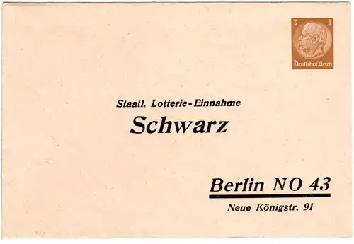 DR, ungebr. 3 Pf. Privatganzsache Umschlag Lotterie-Einnahme Schwarz Berlin 