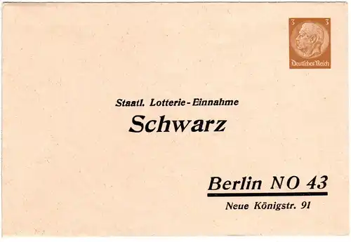 DR, ungebr. 3 Pf. Privatganzsache Umschlag Lotterie-Einnahme Schwarz Berlin