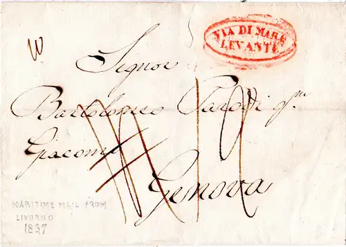 Italien Toscana 1837, VIA DI MARE LEVANTE in rot auf Portobrief Livorno - Genova