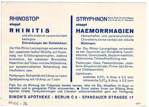 DR, gebr. 3 Pf. Privatganzsache Karte Simon´s Apotheke v. Berlin