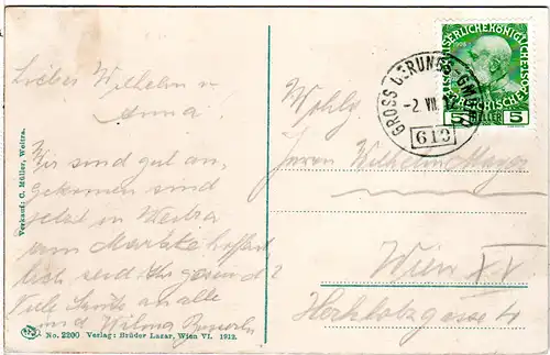 Österreich 1912, Bahnpost-K1  Gross Gerungs-Gmünd 610 klar auf Karte m. 5 H.