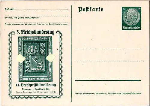 DR, ungebr. 6 Pf. Privatganzsache 44. Dt. Philatelistentag Bremen m. Abb.