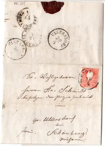 Österreich 1859, Schlesien-K1 Weidenau auf Brief m. 5 Kr. v. Kalkau n. Mähren