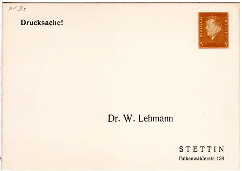 DR, ungebr. 3 Pf. Privatganzsachenkarte Dr. W. Lehmann Stettin