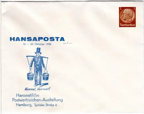 DR 1935, ungebr. 3 Pf Privat Ganzsache Hansaposta Briefmarkenausstellung Hamburg