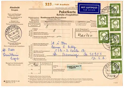 BRD 1966, reine MEF 7x2 M. auf Luftpost Paketkarte v. Krautheim n. USA. 