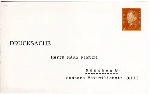 DR, ungebr. 3 Pf. Privatganzsachenkarte Karl Rieger München 8